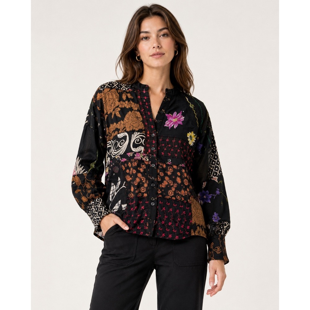 Sacred Threads Patchwork Floral Boho Button Up Blouse‎ Black Multi Color